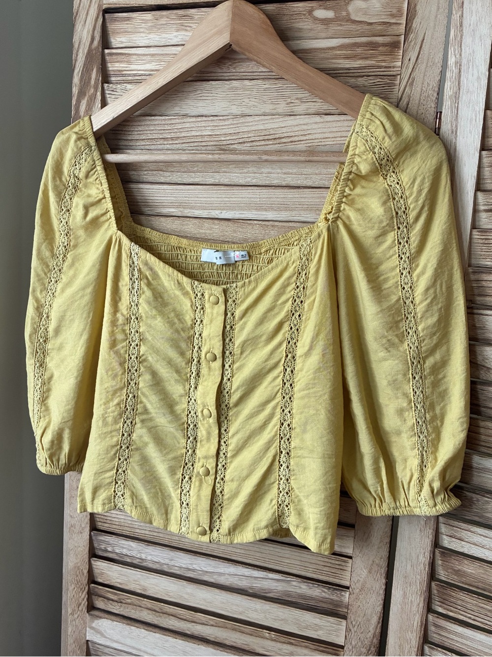 Lush Yellow Smocked Back Lace Trim Puff Sleeve Boho Blouse Top M Boho